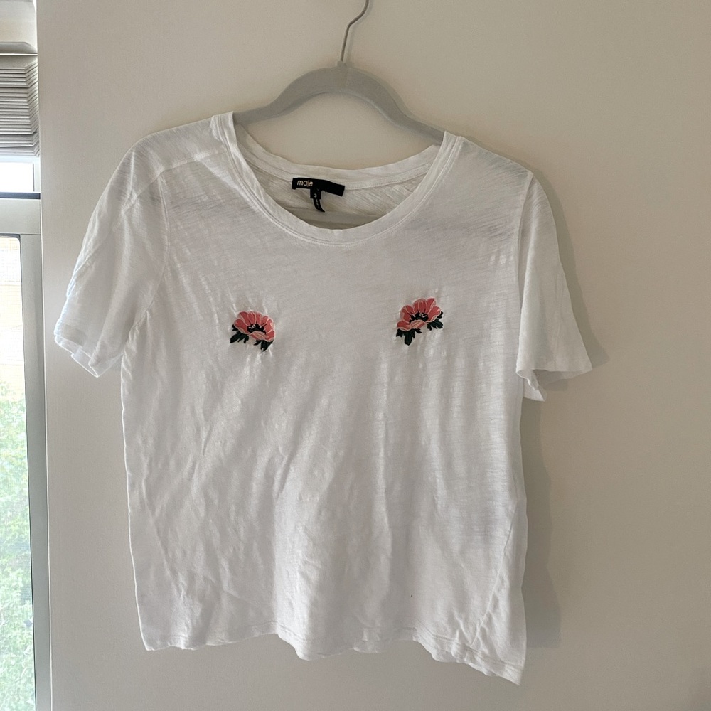 White Maje tee with flower embellishment